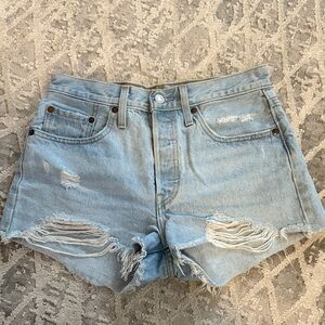 Levi's 501  Light Blue Distressed Denim Shorts